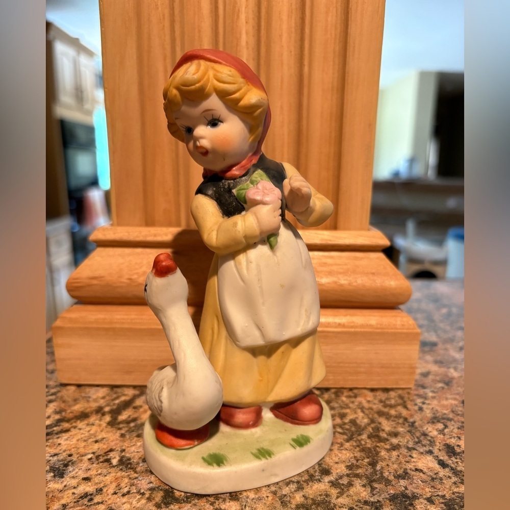 Porcelain Vintage 1980's hand painted Girl with goose Figurine